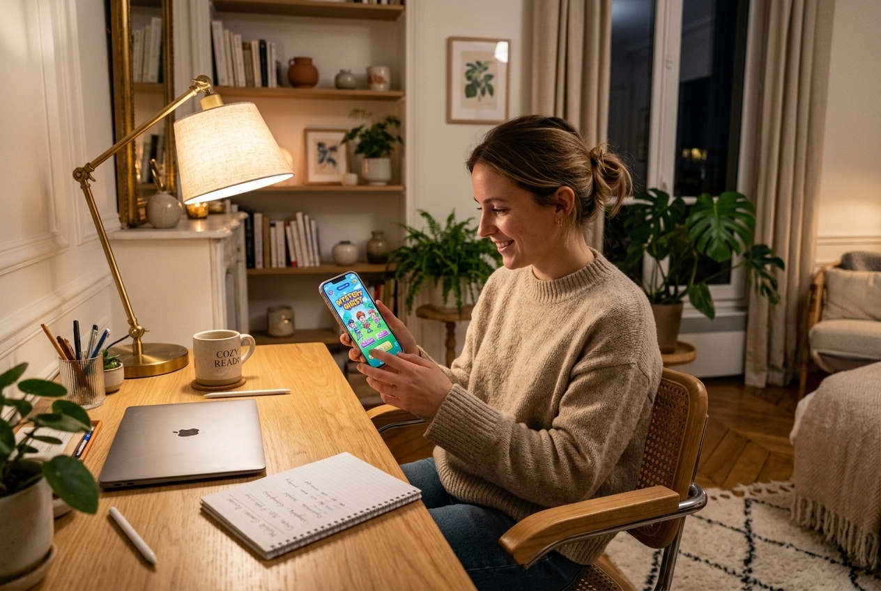 Journaliste gaming analysant des jeux mobiles